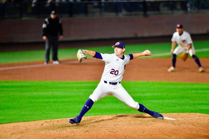 Auburn baseball's Hayden Mullins pitching vs Vanderbilt.